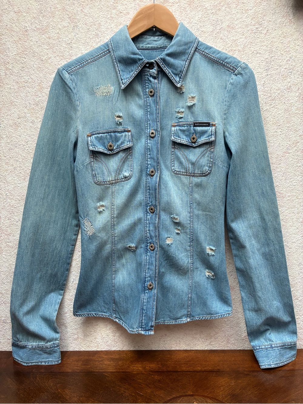 D&G Light Blue Distressed Denim Shirt - Women's Button-Front Top